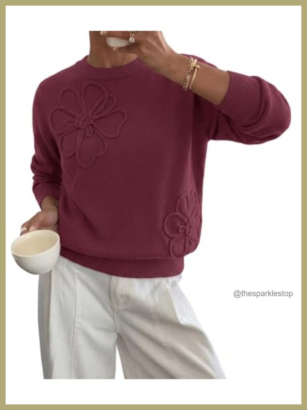 Womens Lightweight Long Sleeve Crew Neck Pullover Sweater Floral Embroidery